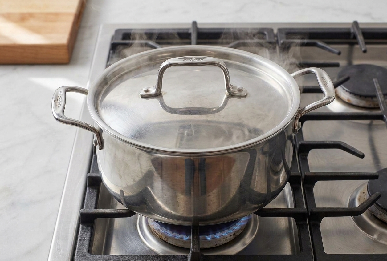 A covered pot gently simmering on a stovetop burner with soft steam rising