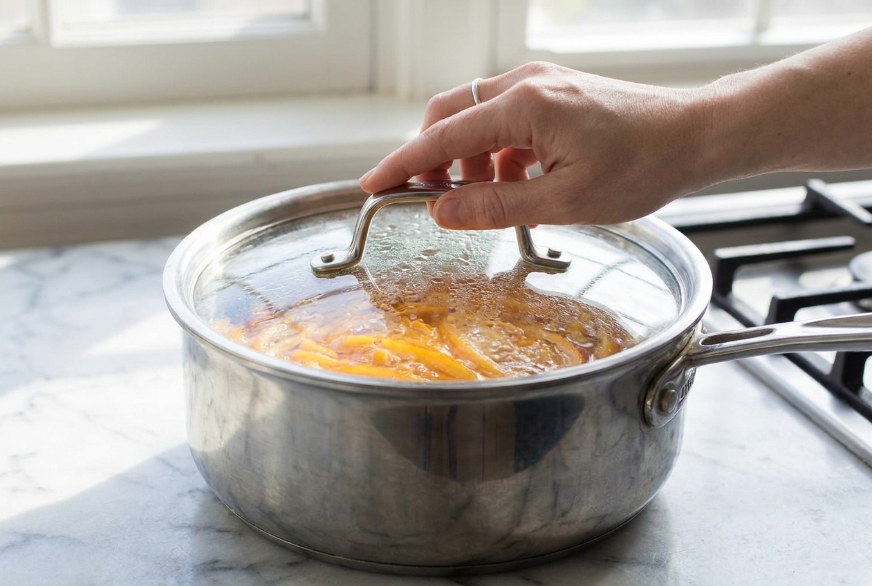 A covered pot of citrus peel and juice mixture resting before cooking