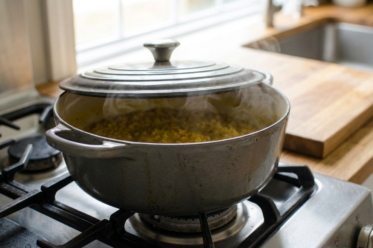 A covered pot of kitchari gently simmering on a stovetop with a light steam haze near the lid