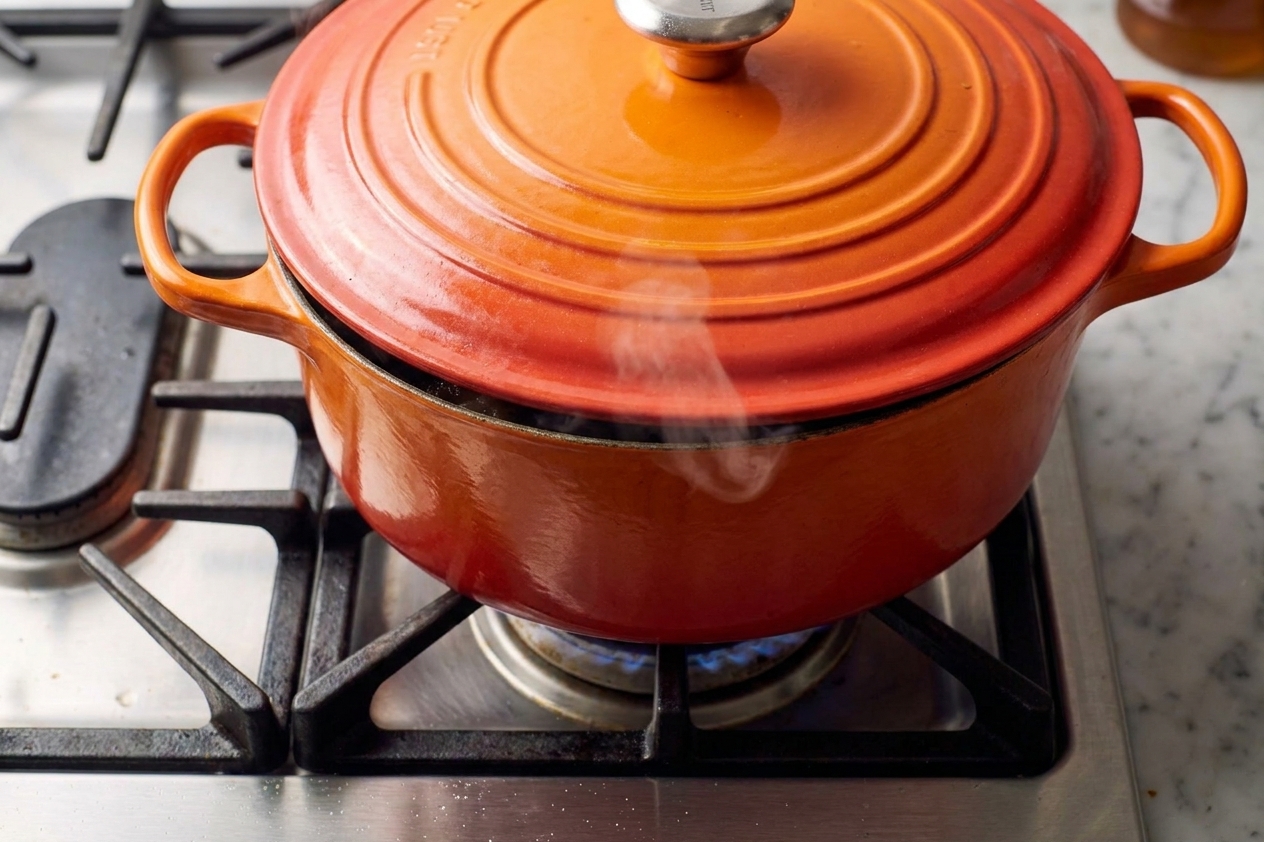 A covered pot of oxtail stew simmering on a stovetop with a small wisp of steam escaping from the lid