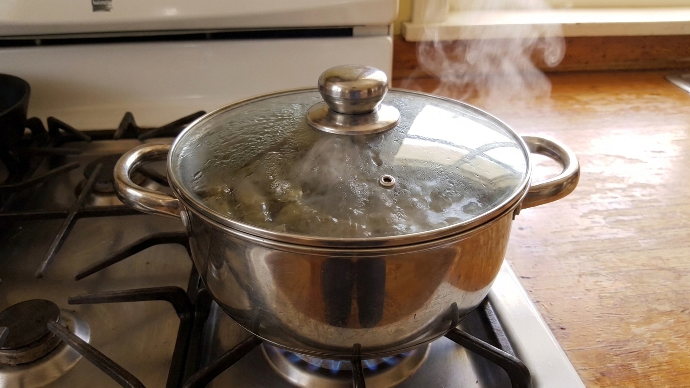 A covered pot on a stovetop gently simmering, with a little steam escaping around the lid