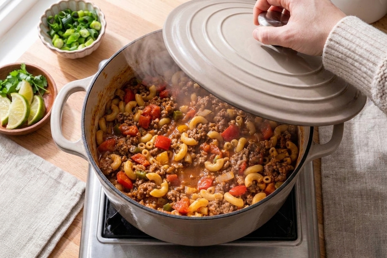 A covered pot on a stovetop with taco pasta simmering, steam rising as the lid is lifted