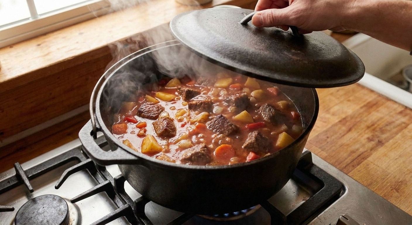 A covered pot on the stove gently simmering a tomato-based beef stew, with steam escaping