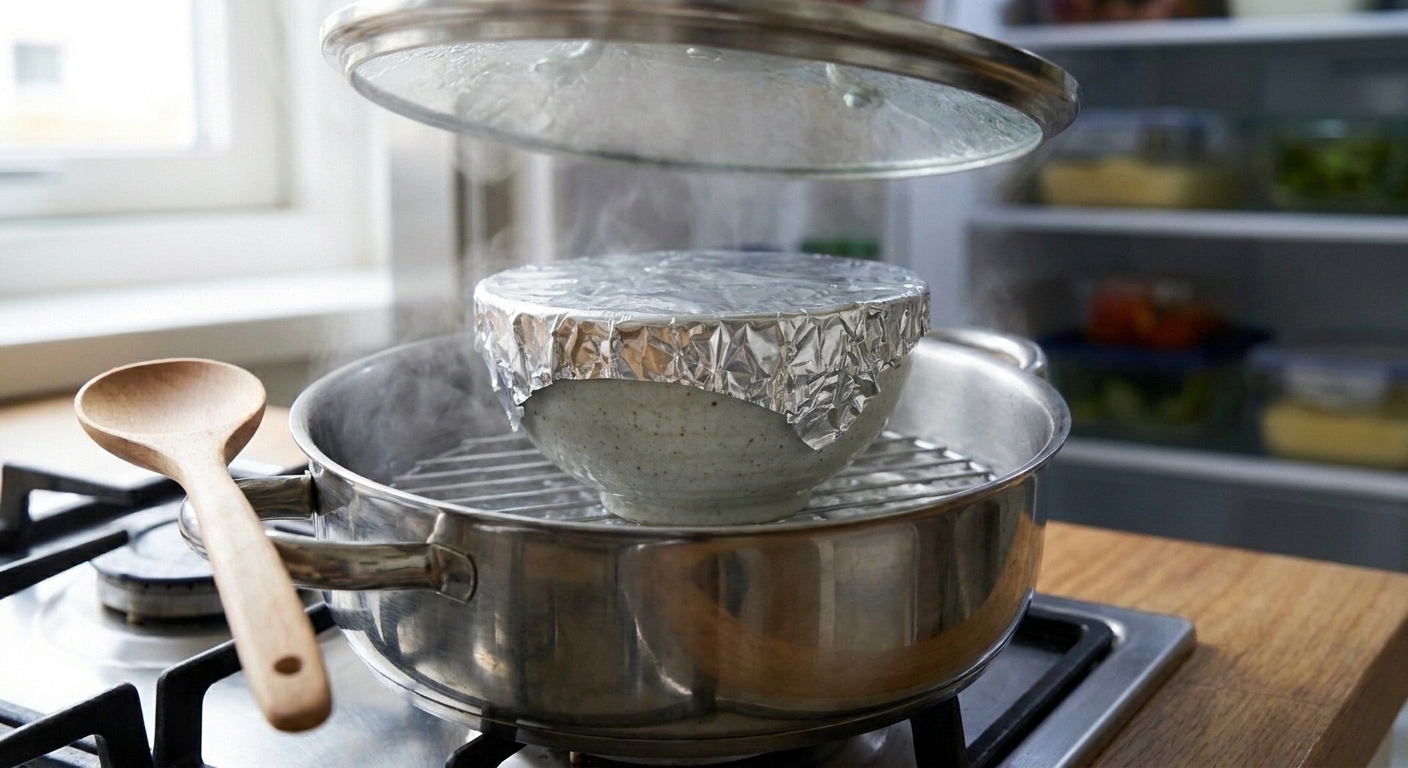 A covered pot on the stove with a ceramic bowl of egg custard steaming on a rack inside