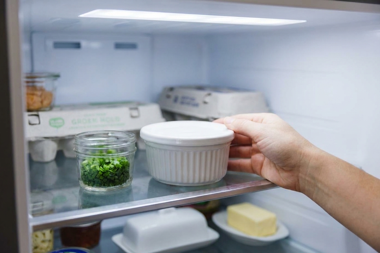 A covered ramekin of baked eggs on a refrigerator shelf next to a small jar of chopped herbs