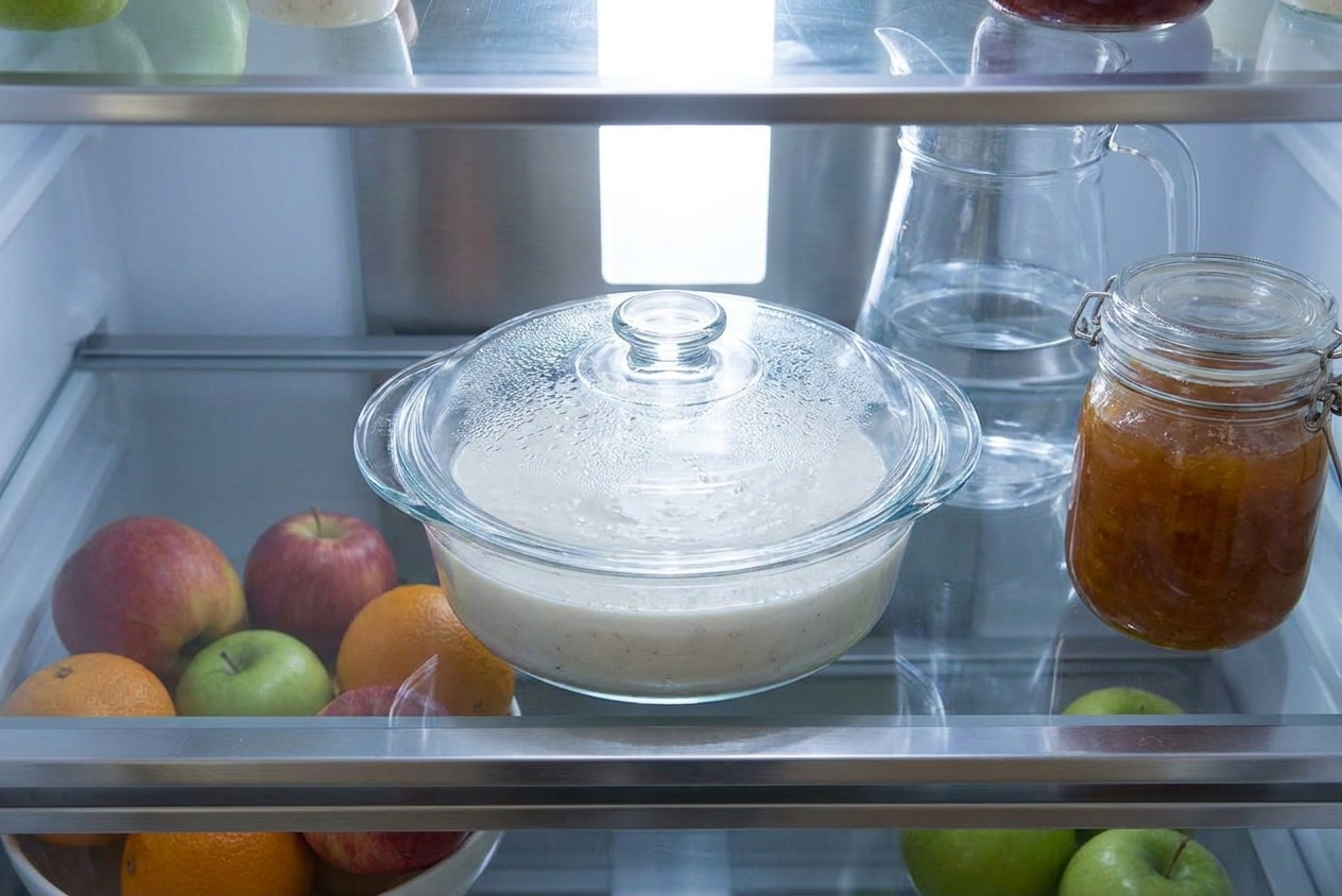 A covered round dish of coconut pudding resting on a refrigerator shelf, set up to chill