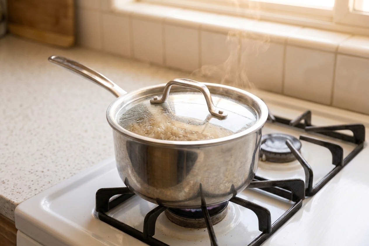 A covered saucepan on a stove with integral rice gently simmering, faint steam escaping near the lid in warm kitchen lighting