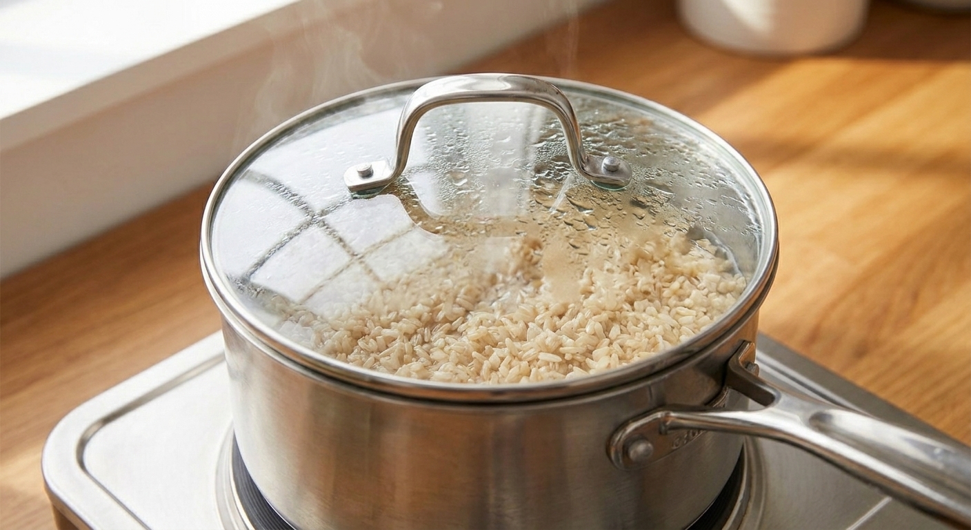 A covered saucepan on a stovetop with whole grain brown rice gently simmering inside, steam fogging the lid