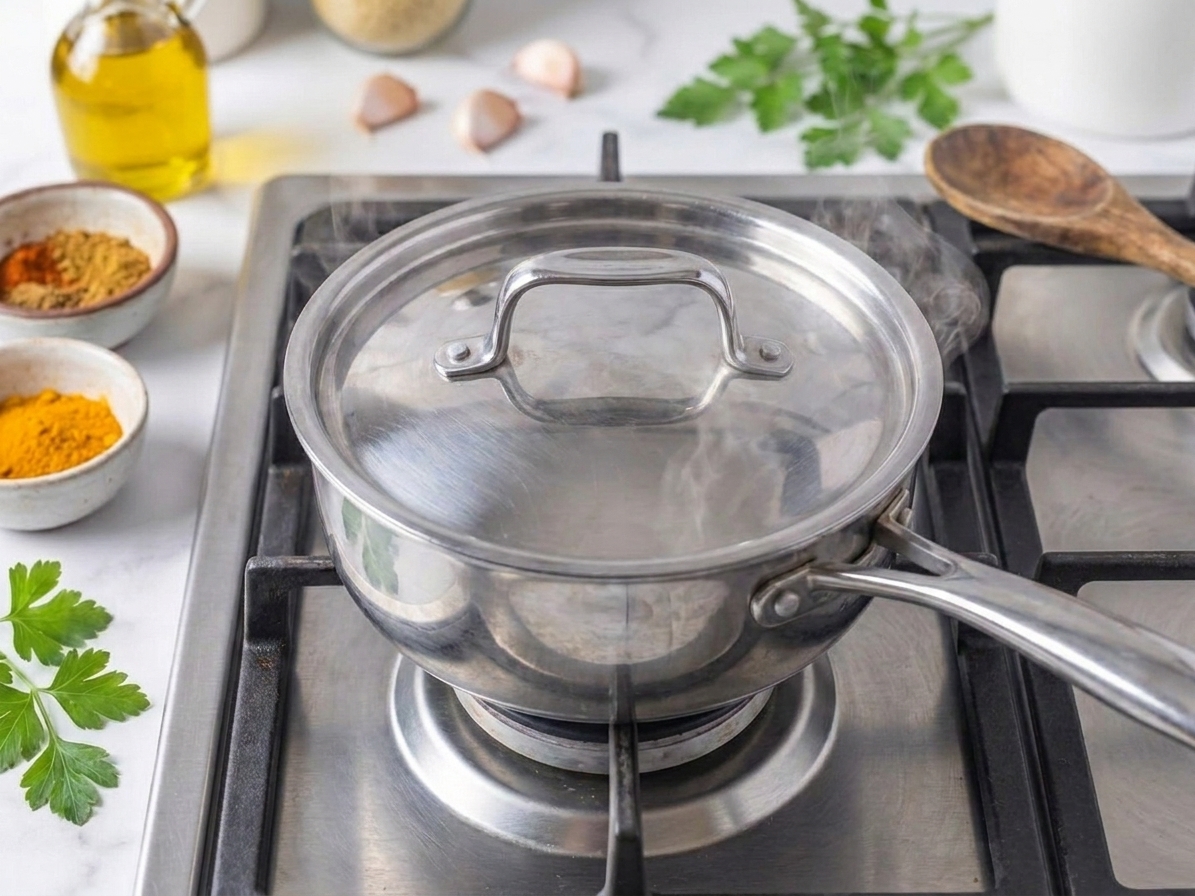 A covered saucepan resting on a stovetop with couscous steaming inside after the heat has been turned off