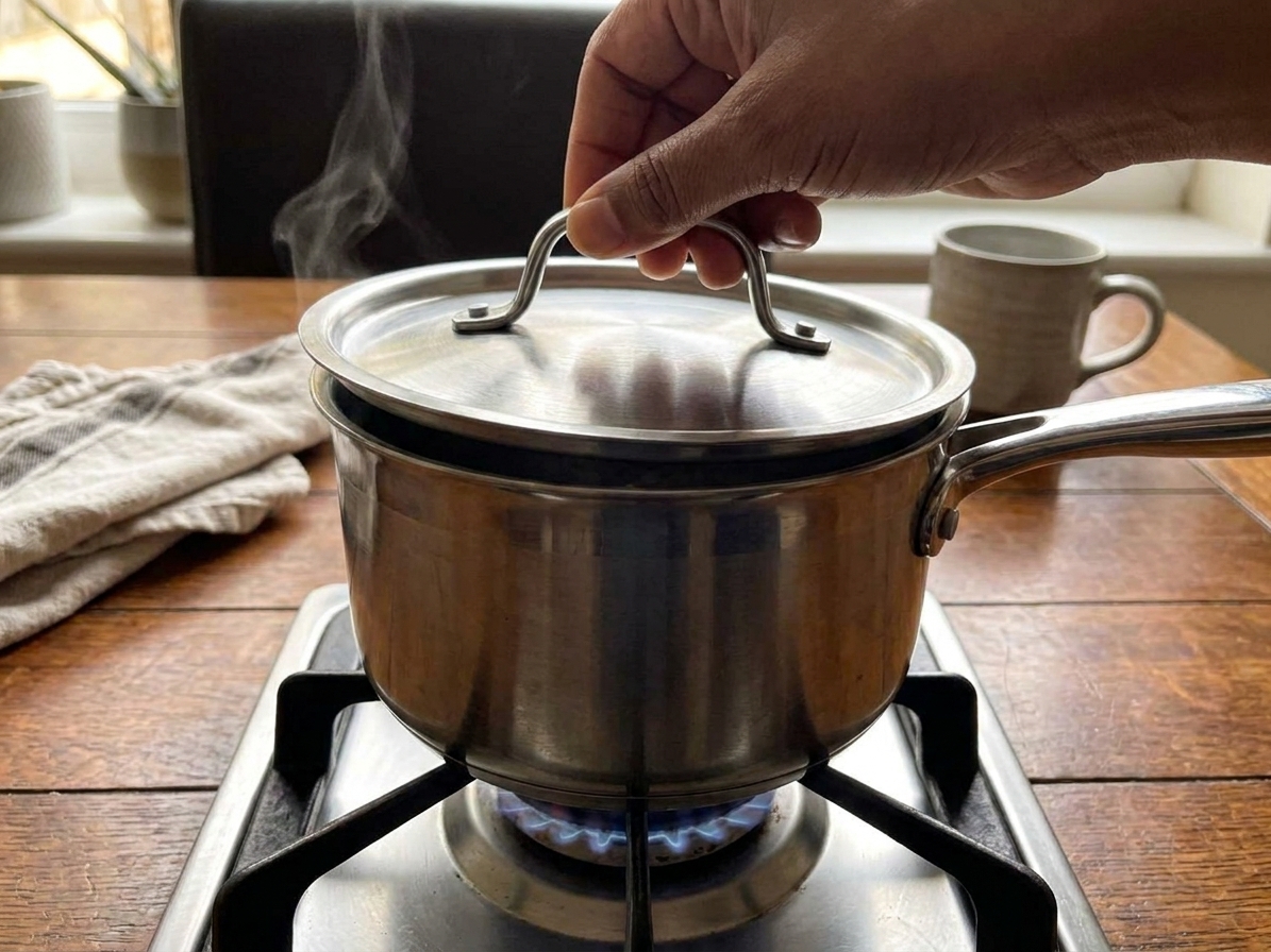 A covered saucepan simmering on a stovetop, with a slight wisp of steam escaping from the lid