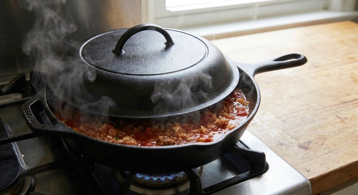 A covered skillet on a stovetop with tomato sauce and rice simmering, steam visible around the lid edge