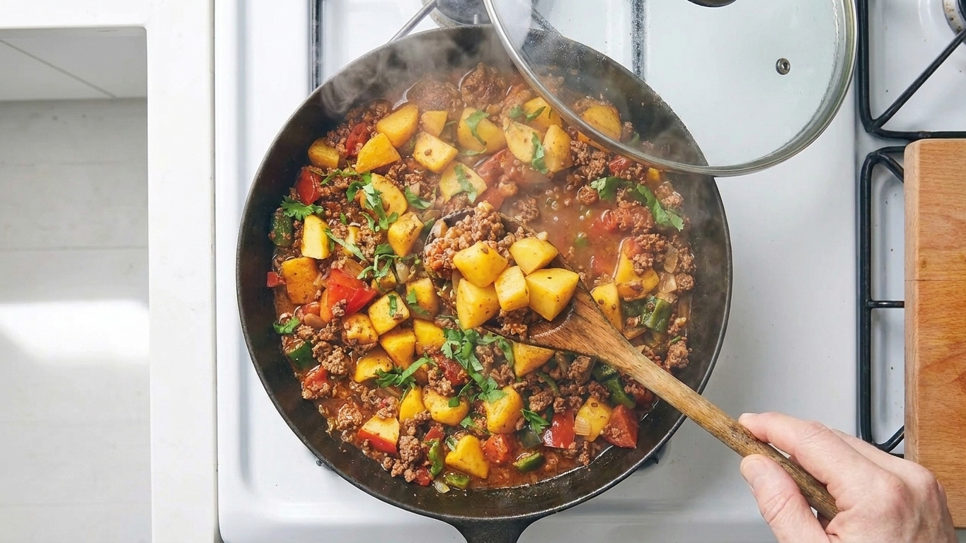 A covered skillet on the stove with picadillo simmering, showing steam and a spoon lifting tender potato cubes from the saucy beef mixture