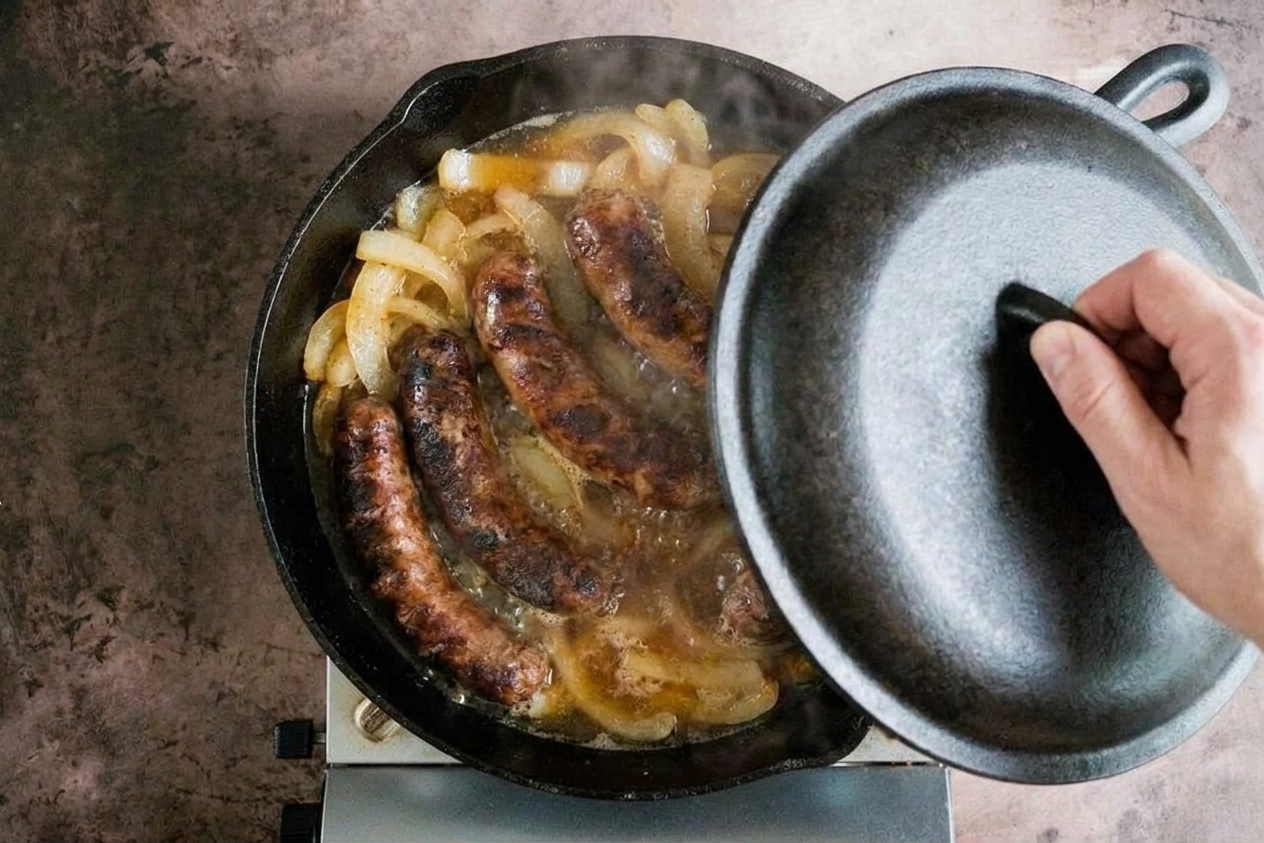 A covered skillet partially lifted to show bratwurst links simmering in a small amount of beer with onions underneath