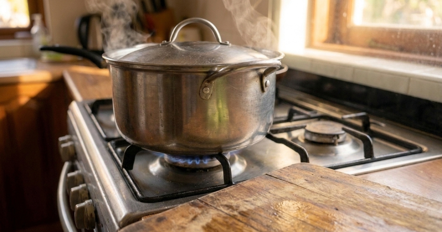 A covered soup pot at a steady simmer on a home stove with steam rising under warm kitchen lighting