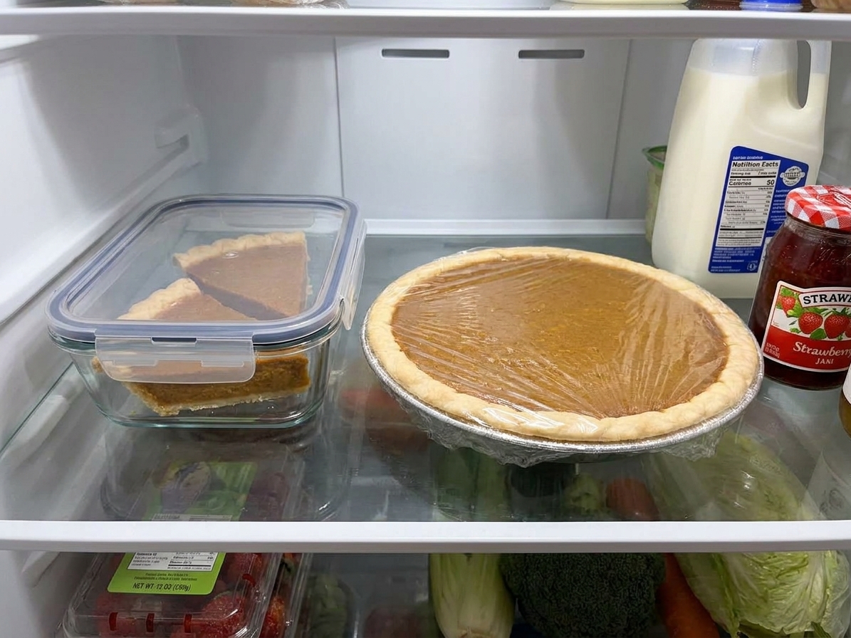 A covered sweet potato pie dish resting on a refrigerator shelf next to an airtight container of leftover slices