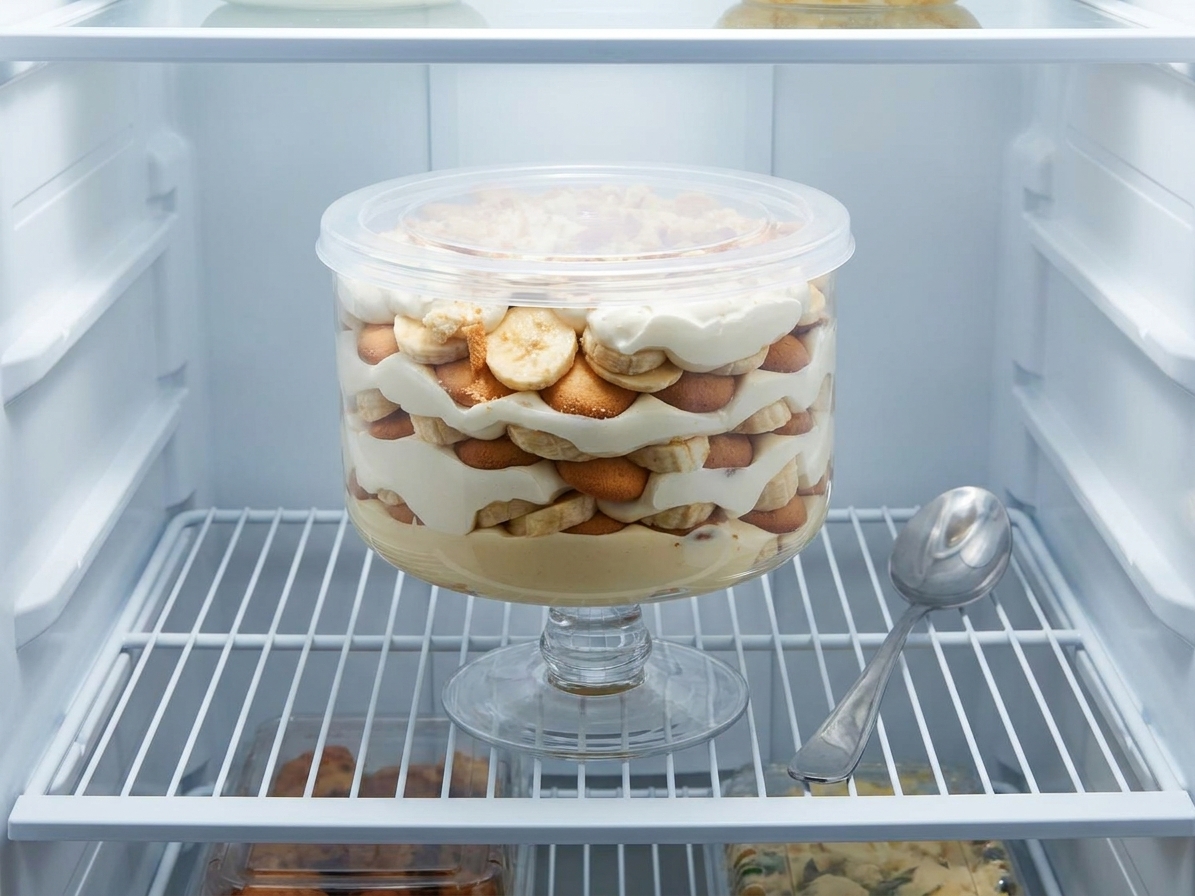 A covered trifle dish of banana pudding sitting on a refrigerator shelf with a serving spoon nearby