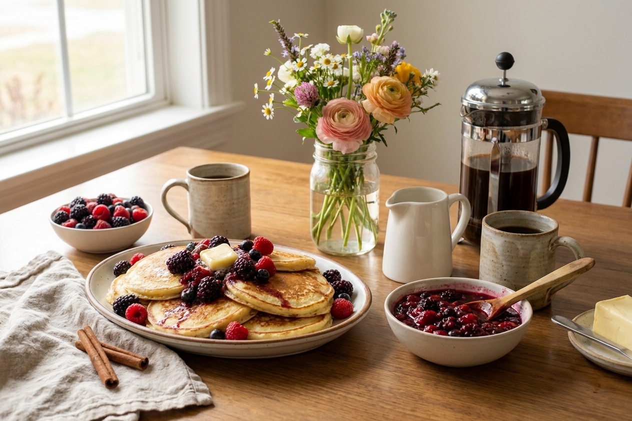 A cozy Mother’s Day brunch table with a platter of pancakes, small bowl of berry compote, coffee mugs, and simple flowers in soft morning light