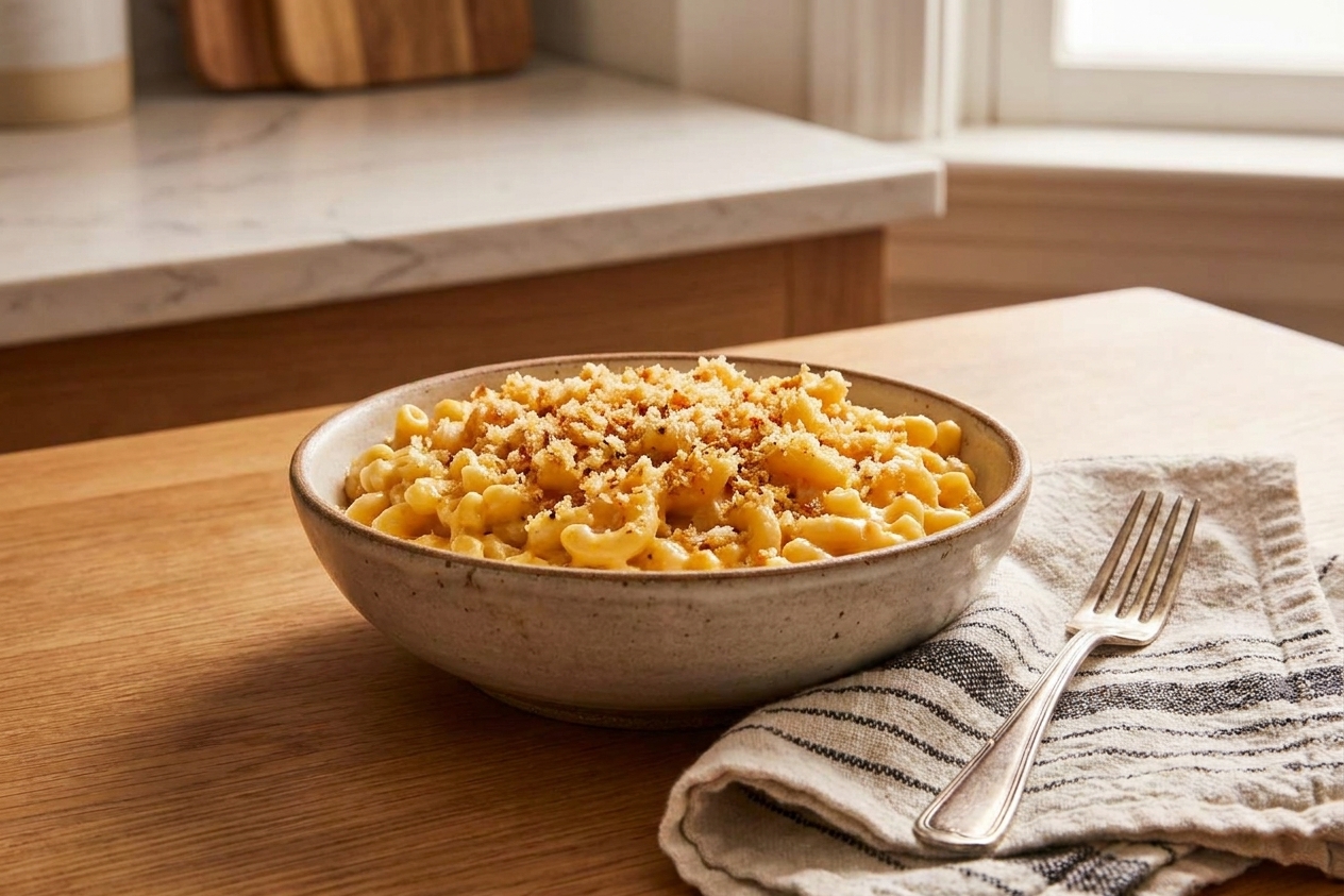 A cozy bowl of creamy mac and cheese topped with toasted breadcrumbs on a simple dinner table setting with a fork and napkin