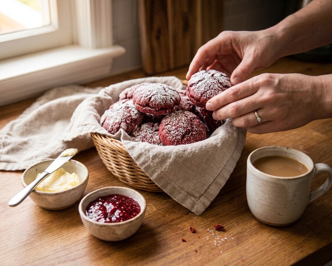 A cozy breakfast table setting with a basket of red velvet biscuits, small bowls of butter and jam, and a mug of coffee