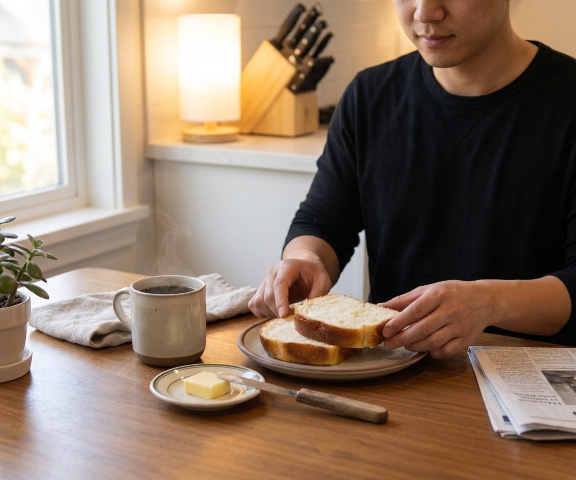 A cozy breakfast table with slices of milk bread on a plate, a small dish of butter, and a mug of coffee