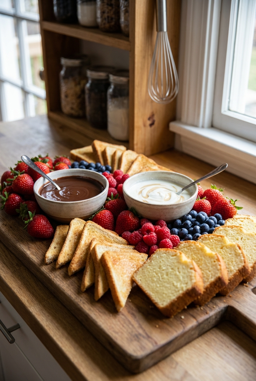 A cozy dessert board with bowls of chocolate sauce and yogurt drizzle surrounded by berries, toast points, and sliced pound cake