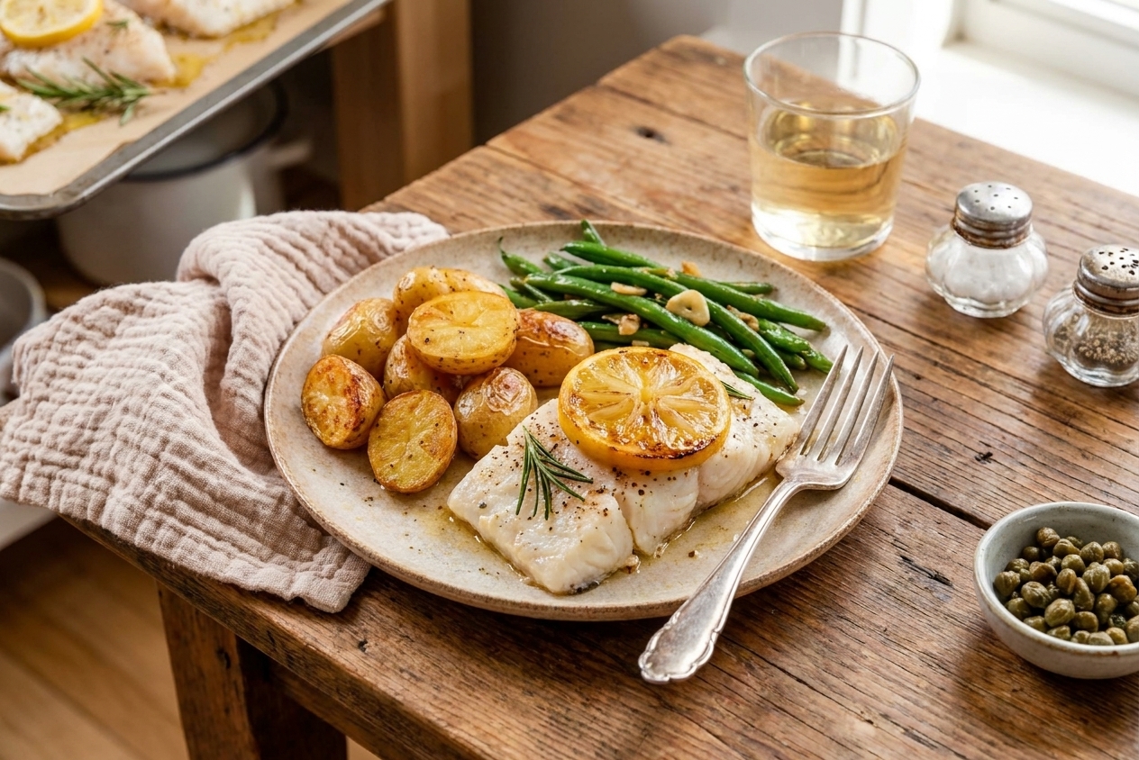 A cozy dinner plate with baked halibut, roasted potatoes, and green beans on a wooden table with a simple linen napkin
