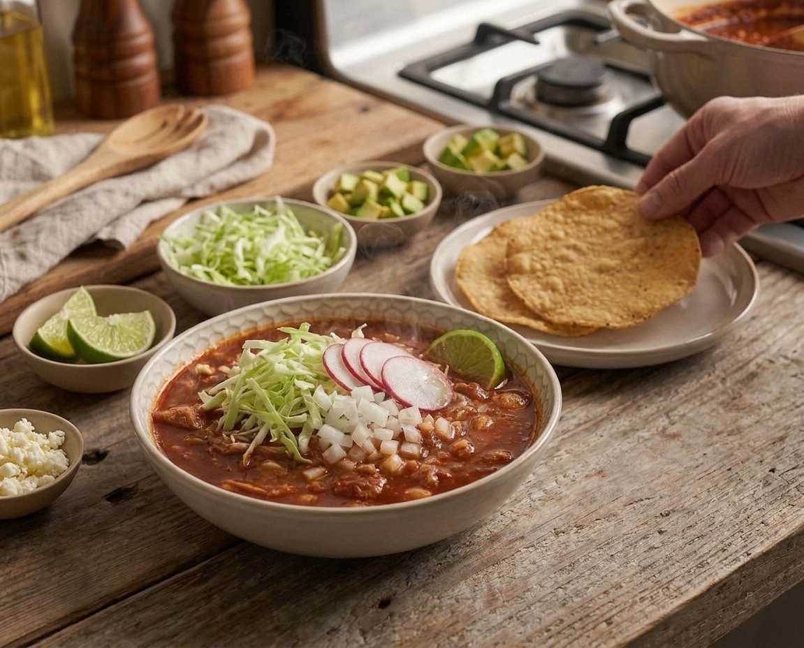 A cozy dinner setting with a bowl of pozole rojo and a plate of tostadas nearby, ready for toppings