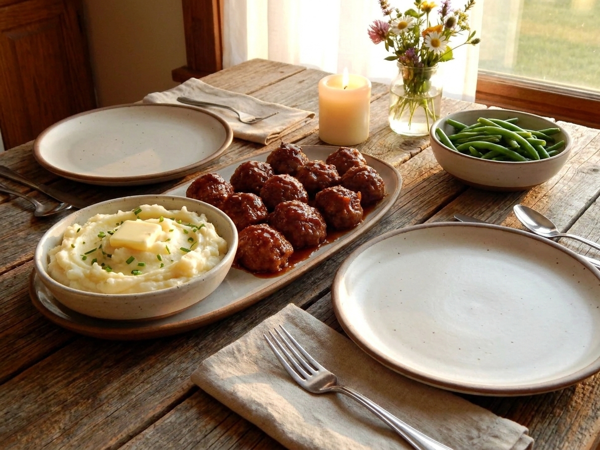 A cozy dinner table set with a platter of glazed ham balls, mashed potatoes, and simple green beans, with warm evening light
