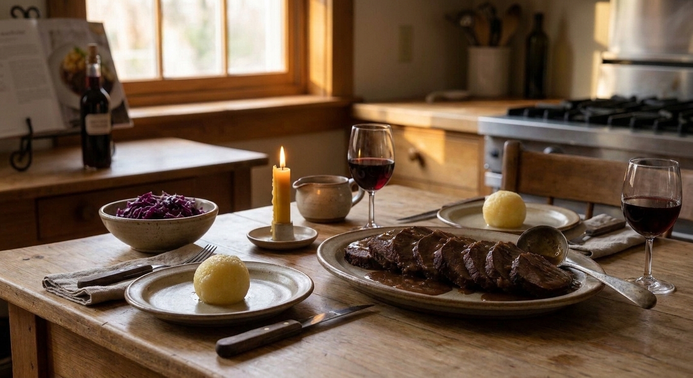 A cozy dinner table set with plates, linen napkins, and a serving dish of sauerbraten with gravy alongside a bowl of red cabbage in warm evening light