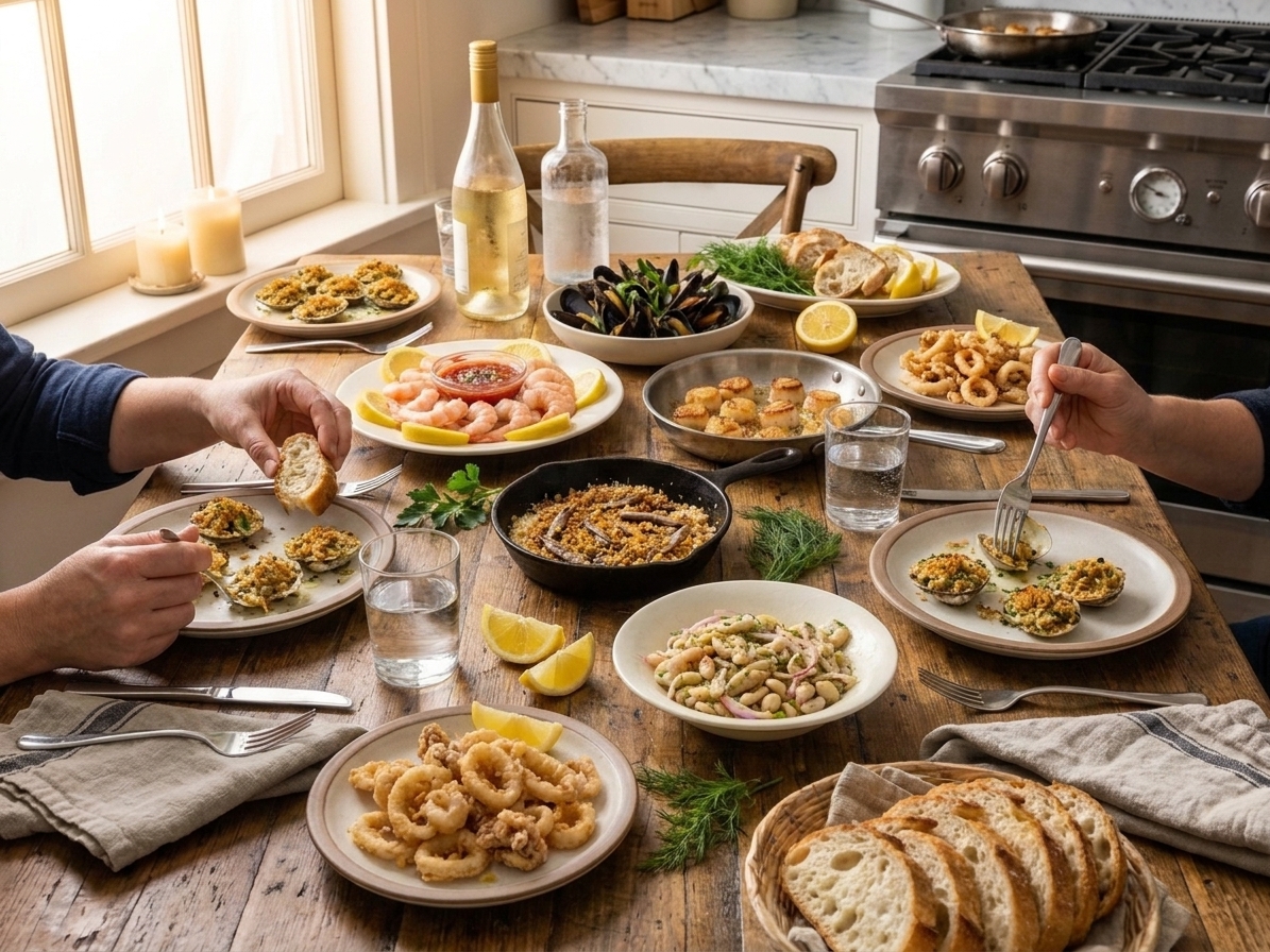 A cozy dinner table set with seven small seafood dishes, lemon wedges, herbs, and warm bread, softly lit for an inviting holiday-style meal