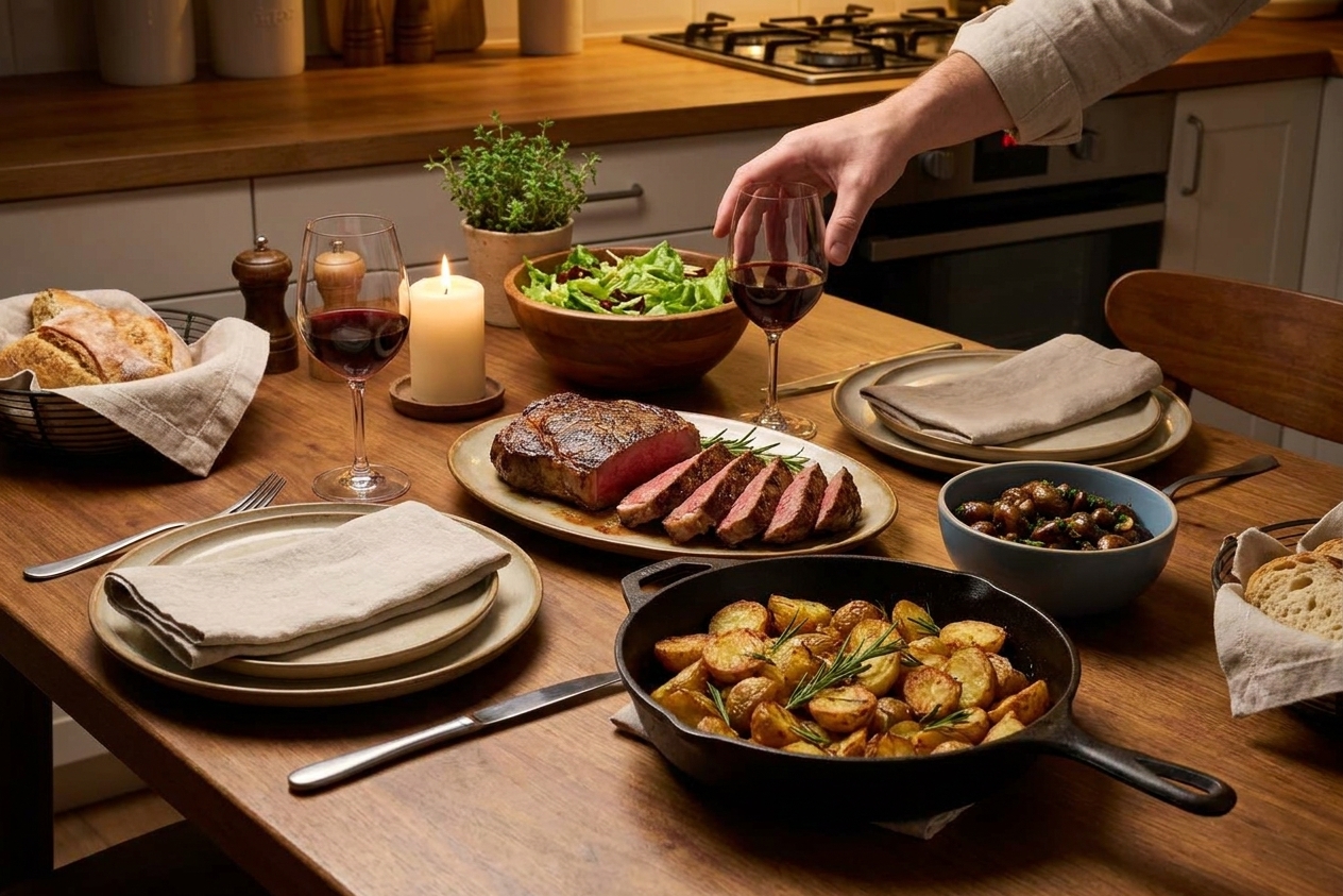 A cozy dinner table set with steak and three sides including crispy roasted potatoes, garlic butter mushrooms, and a simple green salad in warm kitchen lighting