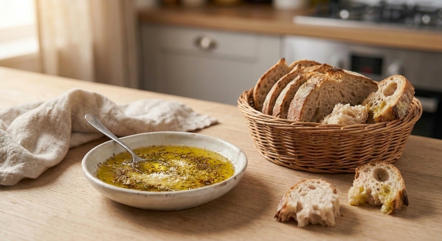 A cozy dinner table setting with a bowl of bread dipping oil, torn bread pieces, and a linen napkin under warm indoor lighting