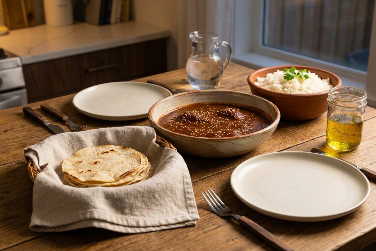 A cozy dinner table setting with a bowl of mole sauce, warm tortillas in a towel-lined basket, rice on the side, and simple plates ready for serving in soft evening light