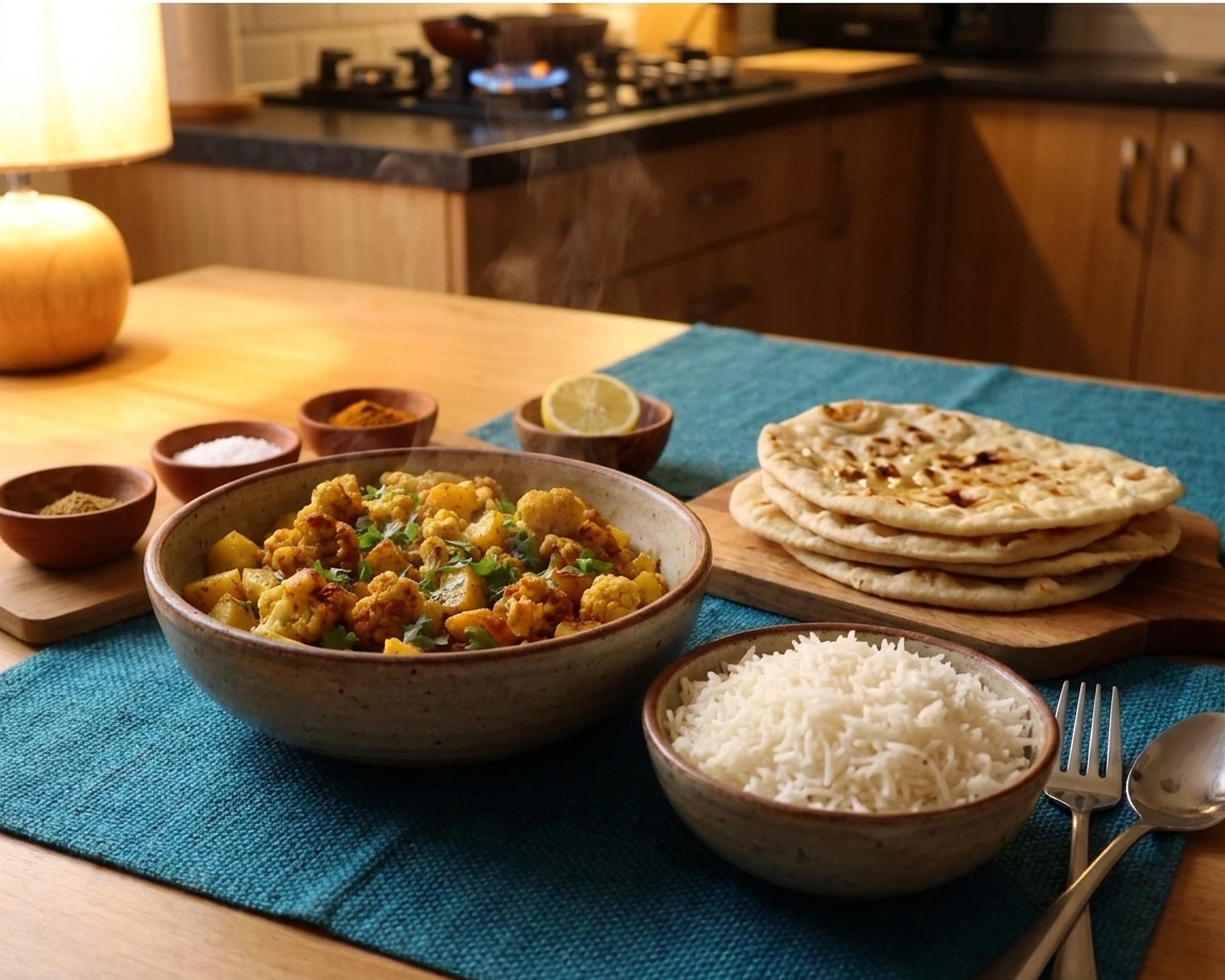 A cozy dinner table setting with a serving bowl of aloo gobi, a bowl of rice, and flatbread on the side under warm kitchen lighting
