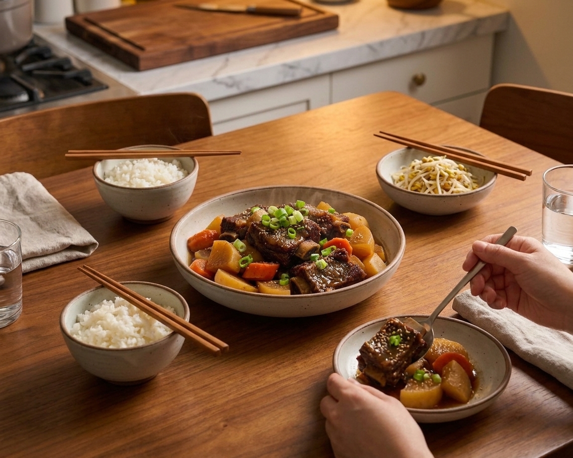 A cozy dinner table setting with a serving bowl of galbi jjim, small bowls of rice, chopsticks, and a simple side dish on a warm wood table