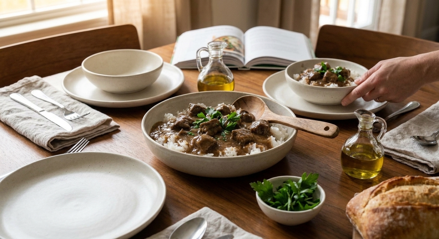 A cozy dinner table setting with bowls of beef tips and rice, a serving spoon, and simple plates ready for a family meal