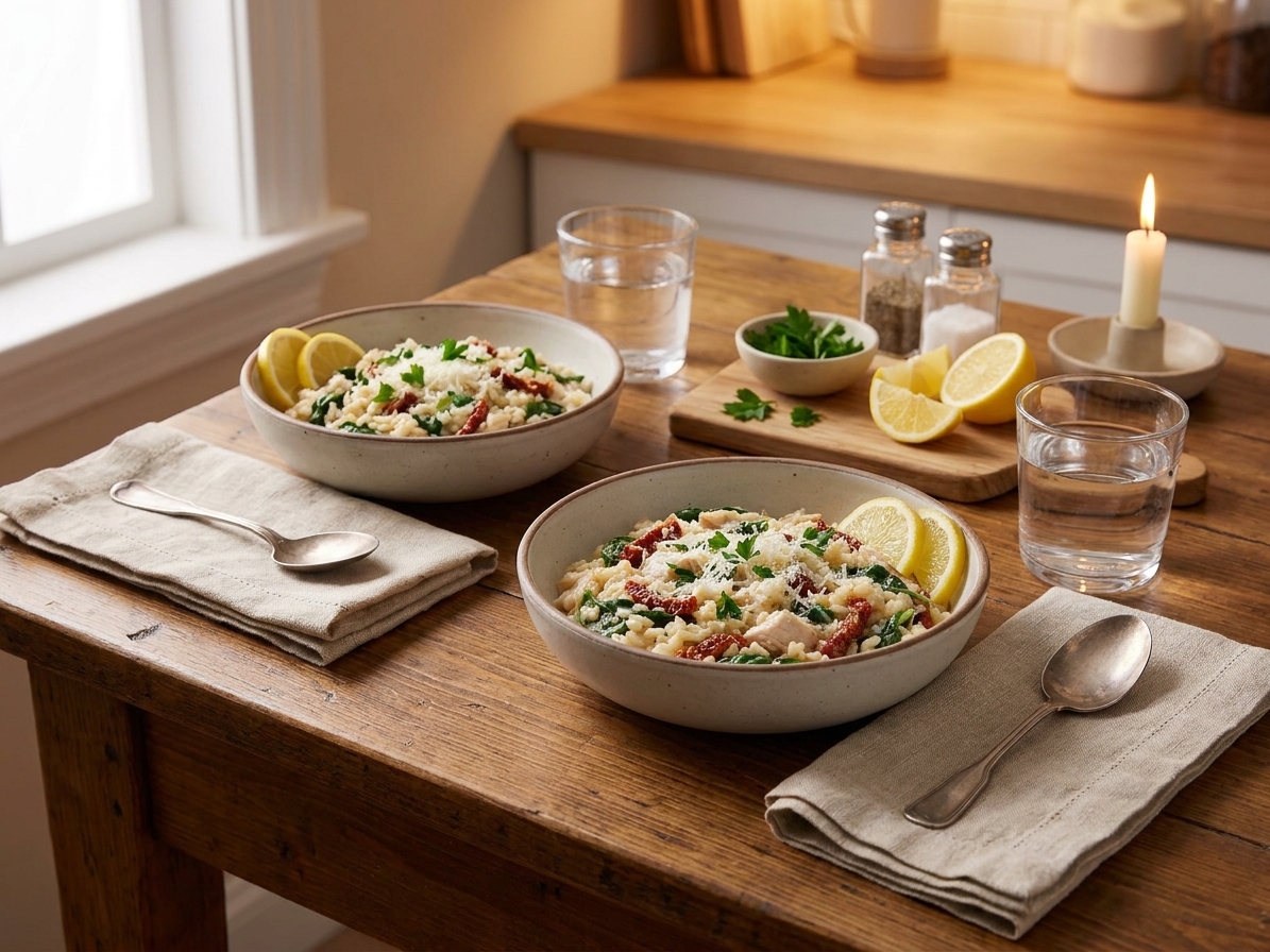 A cozy dinner table setting with two bowls of chicken and rice, water glasses, and simple linen napkins under warm kitchen lighting