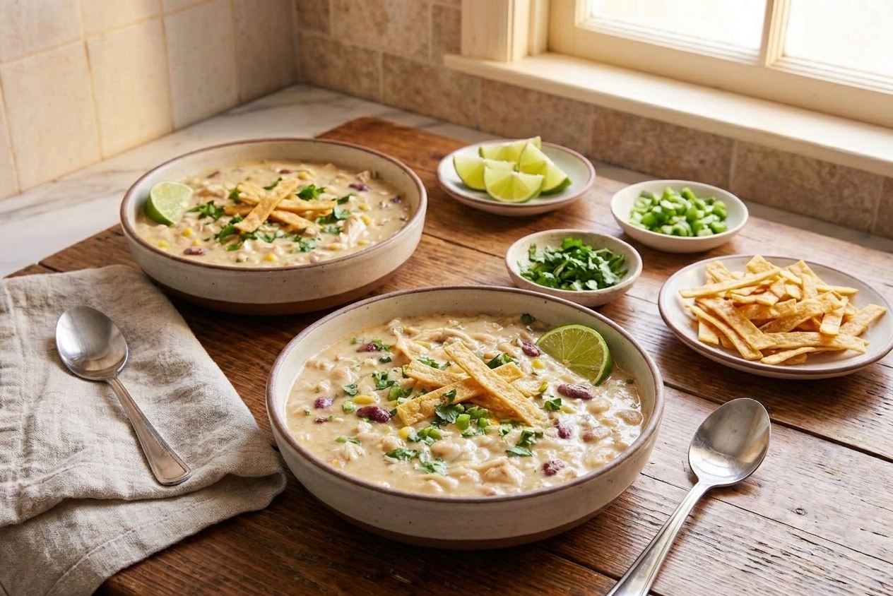 A cozy dinner table setting with two bowls of white chicken chili, lime wedges, cilantro, and tortilla strips in small bowls