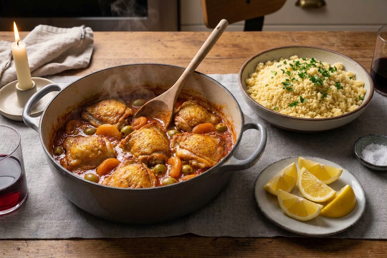A cozy dinner table with a bowl of chicken tagine next to a bowl of fluffy couscous, lemon wedges, and a serving spoon under warm kitchen lighting
