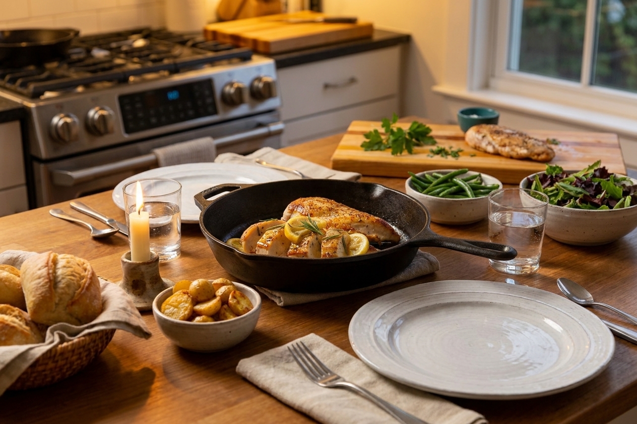 A cozy dinner table with a skillet of rosemary lemon chicken in the center, small bowls of sides, and warm evening light in a home kitchen