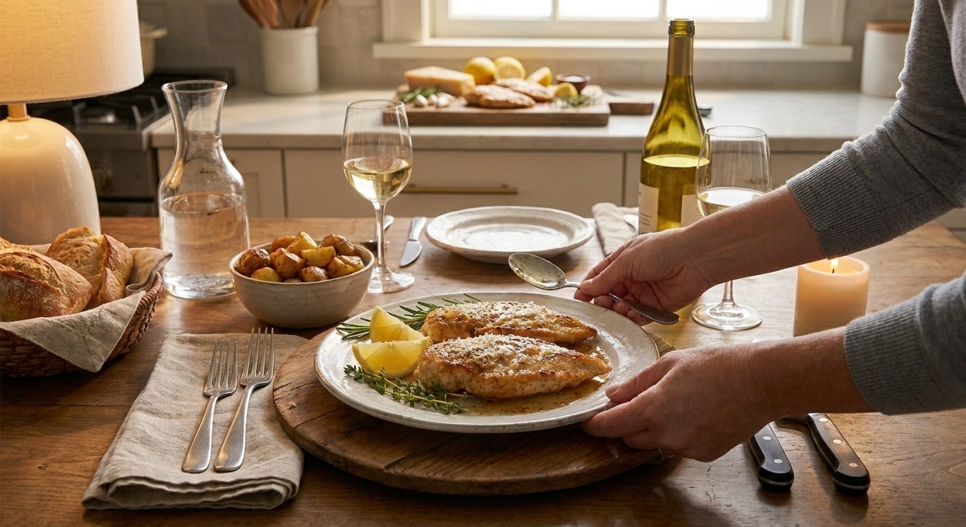 A cozy dinner table with the finished chicken dish in the center, plates and utensils set for serving