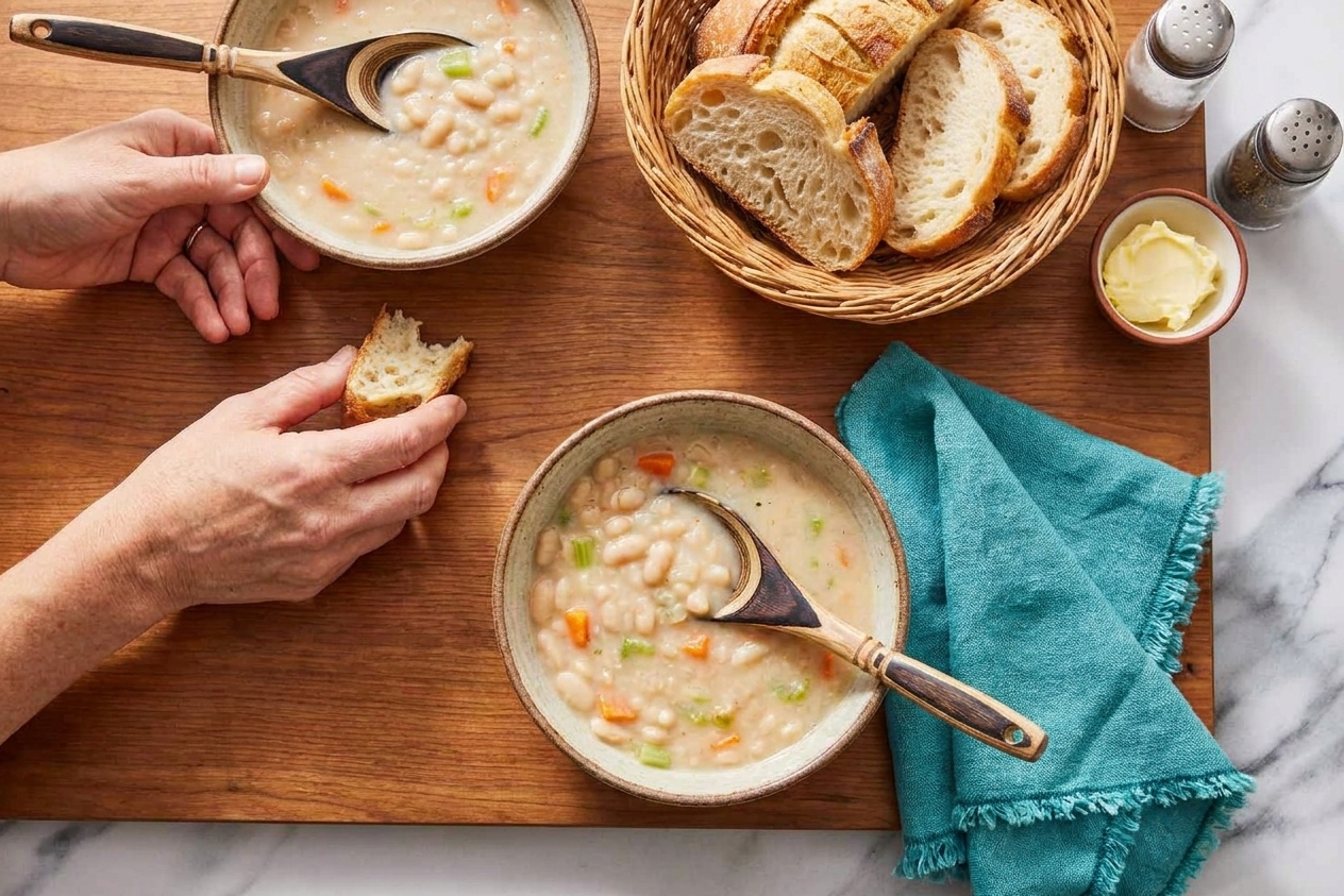 A cozy dinner table with two bowls of navy bean soup, spoons, and a basket of crusty bread under warm kitchen lighting