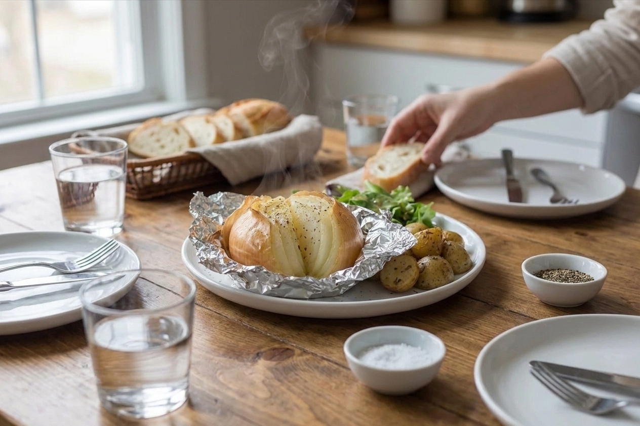 A cozy family dinner table setting with simple plates and utensils, and a foil packet onion boil ready to serve