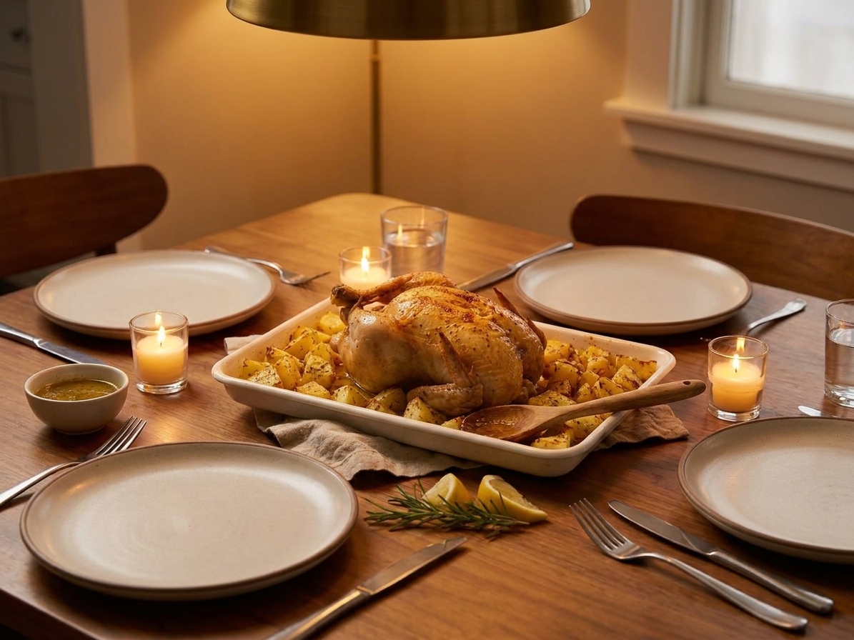 A cozy family-style dinner table set with a roast chicken platter, serving spoon, simple plates, and a few lit candles in warm evening light