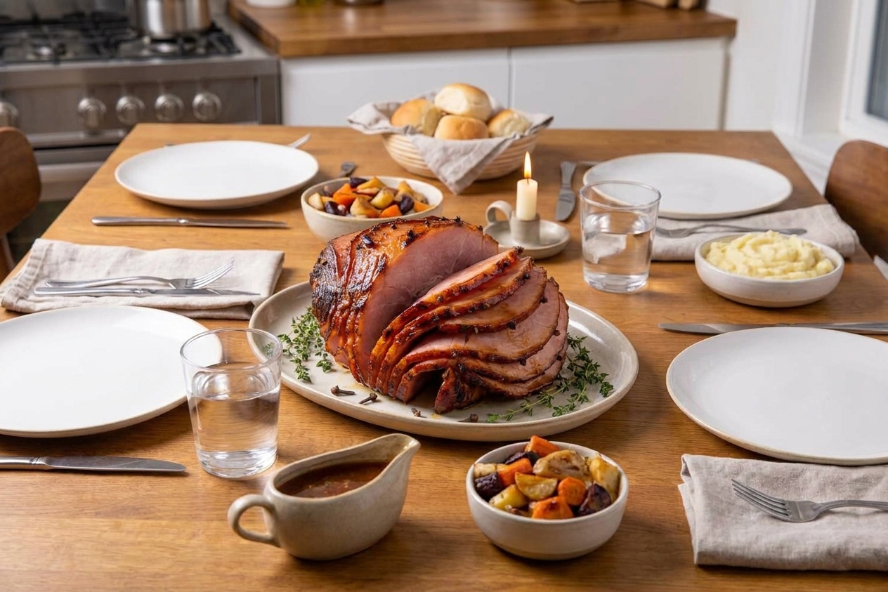 A cozy family-style dinner table set with plates and serving dishes, with a glazed ham as the centerpiece under warm kitchen lighting