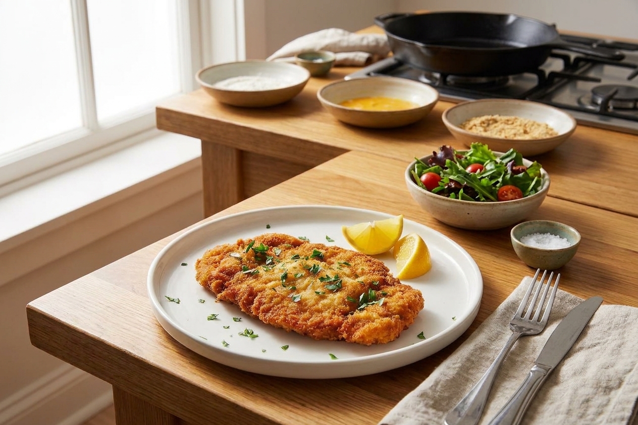 A cozy home dinner table with a plated schnitzel, lemon wedges, and a simple side salad in the background under warm evening light