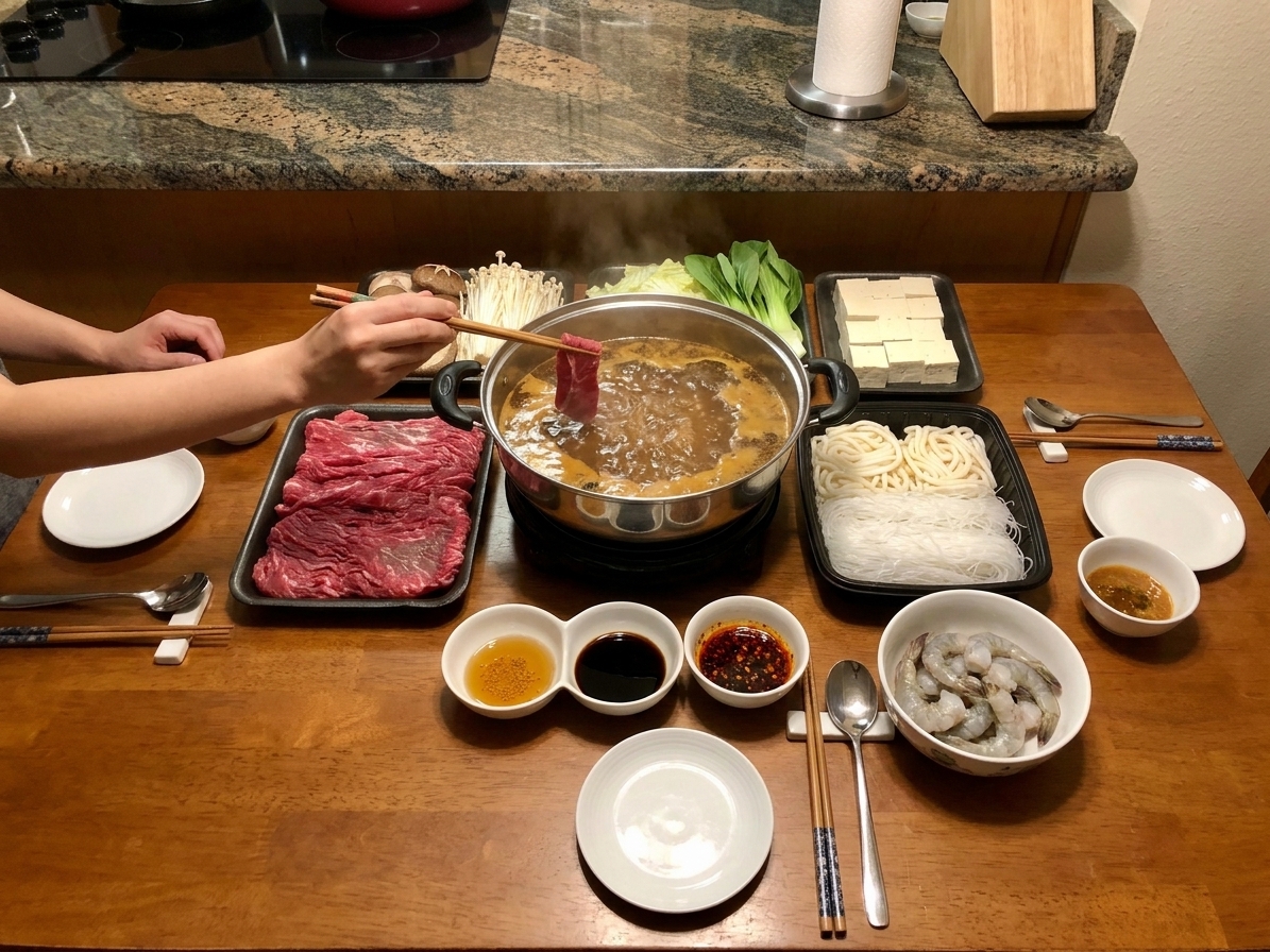 A cozy hot pot spread on a dining table with a steaming pot of broth, neatly arranged platters of thin-sliced beef, mushrooms, tofu, bok choy, noodles, and small bowls of dipping sauces, warm evening kitchen lighting