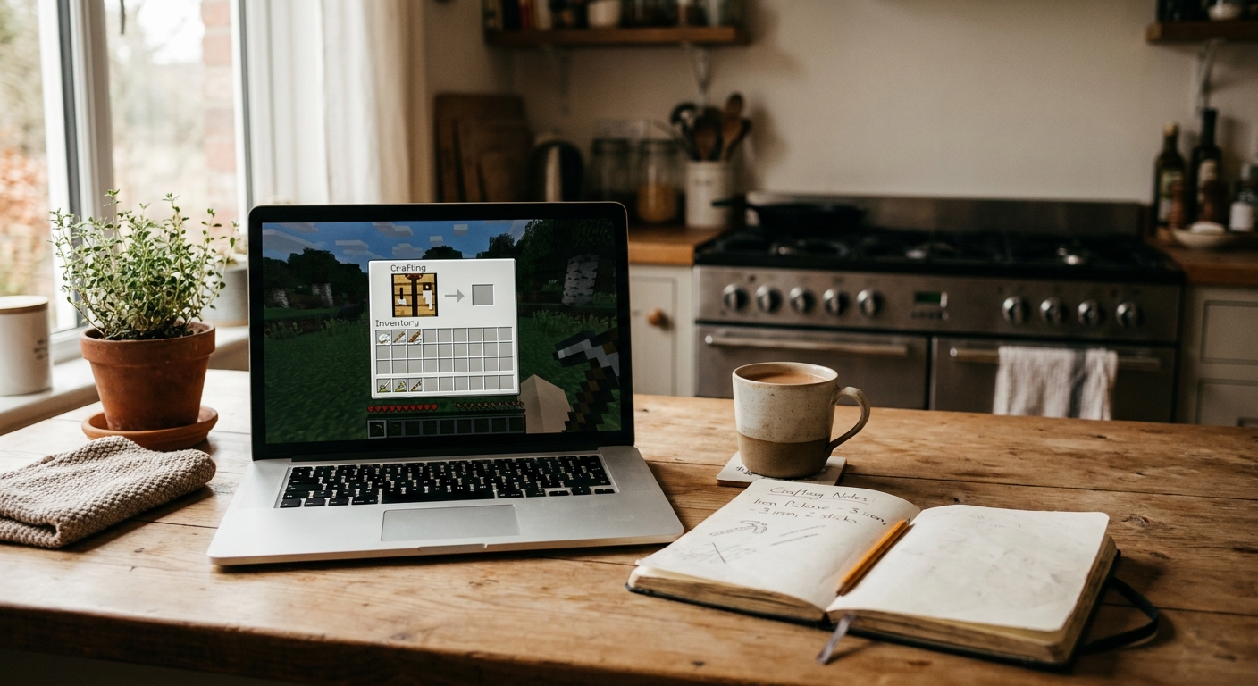 A cozy kitchen counter setup with a laptop open to Minecraft, a mug nearby, and a notebook for quick crafting notes