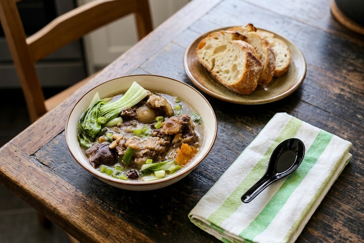 A cozy table setting with a bowl of oxtail soup, crusty bread on a small plate, and a linen napkin beside a spoon