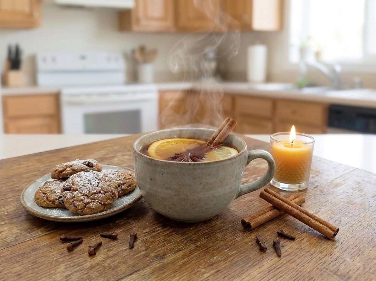 A cozy table setting with a mug of spiced citrus tea and a small plate of cookies nearby